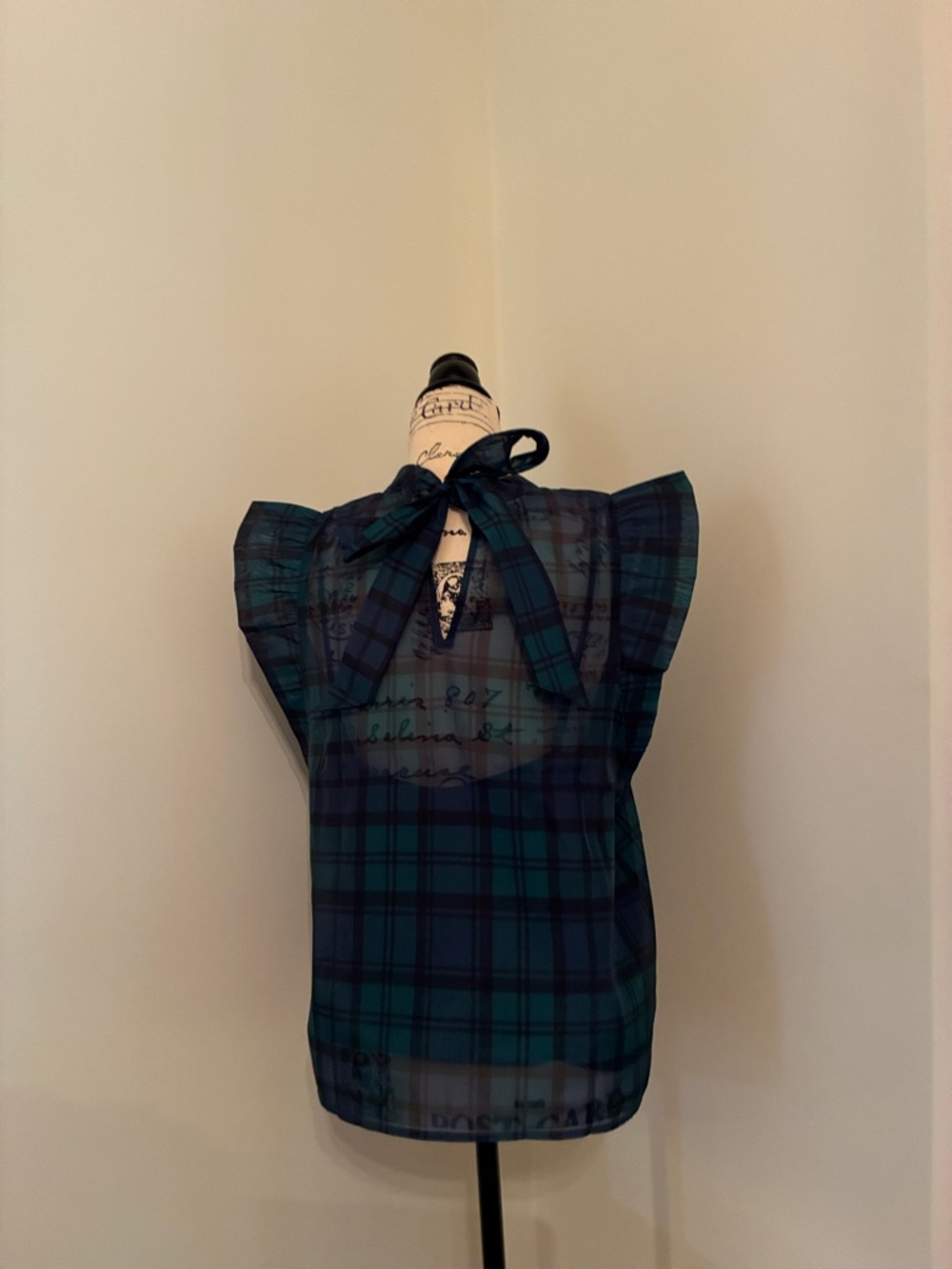 LOFT Sheer Plaid Ruffle Sleeve Top in Navy and Green - Picture 8 of 14